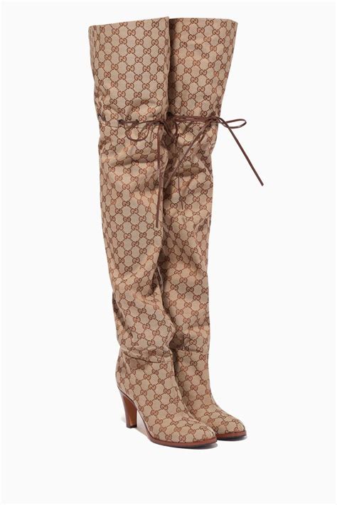 gucci gg boots black|Gucci print thigh high boots.